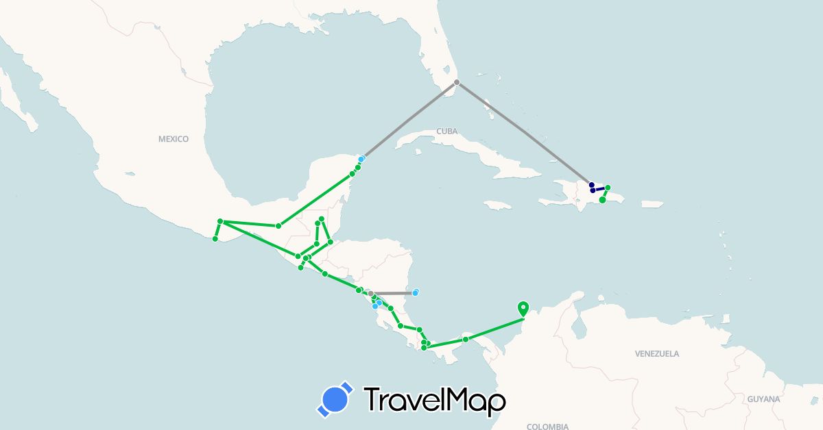 TravelMap itinerary: driving, bus, plane, boat in Colombia, Costa Rica, Dominican Republic, Guatemala, Mexico, Nicaragua, Panama, El Salvador, United States (North America, South America)